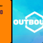 Promotional banner for the game Outbound featuring the game logo set against a bright blue sky with soft white clouds and a glimpse of green foliage at the bottom.