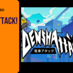 Editorial feature graphic for Denshattack! presenting the game title in white bold text over a bright background showing a stylized anime locomotive sliding on rails next to a futuristic urban cityscape, displayed alongside the Game Launch Hub logo and "Denshattack! 2026 Preview" headline.