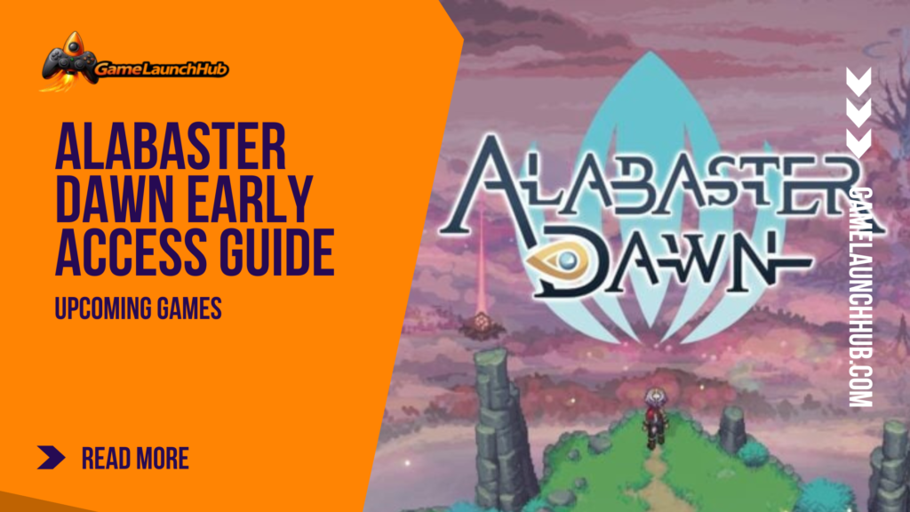 Promotional banner for Alabaster Dawn featuring the protagonist Juno standing on a grassy cliff overlooking a vast, ruined world with a glowing pink and purple sky.