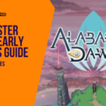 Promotional banner for Alabaster Dawn featuring the protagonist Juno standing on a grassy cliff overlooking a vast, ruined world with a glowing pink and purple sky.
