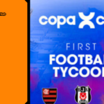 Editorial feature graphic for Copa City presenting the game logo in stylized white lettering over a dynamic aerial view of a massive modern sports stadium glowing under bright floodlights at night, set alongside the Game Launch Hub branding and "Copa City 2026 Preview" headline text.