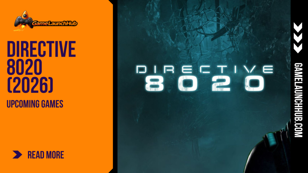 Promotional banner for Directive 8020 featuring the game title in glowing blue sci-fi text against a dark, atmospheric background with a glimpse of an astronaut's helmet.