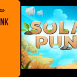 Editorial feature graphic for Solarpunk featuring the game title in white, rounded letters against a bright background of floating islands with windmills and an airship, set alongside the Game Launch Hub branding and "Solarpunk 2026 Preview" headline text.