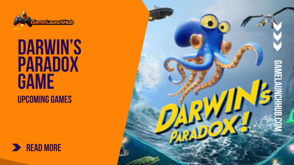 Promotional banner for Darwin's Paradox featuring a blue cartoon octopus with large eyes jumping out of the ocean with a seagull and UFO in the background.
