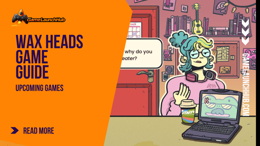 Promotional banner for Wax Heads featuring a character named Nia with teal hair and glasses, sitting behind a record store counter with a laptop and coffee.