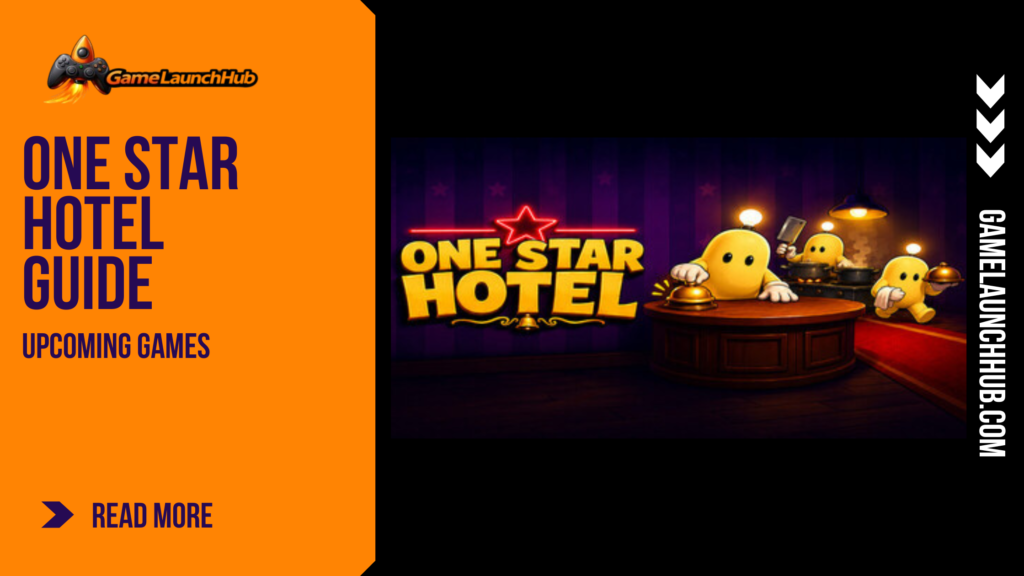 Promotional banner for One Star Hotel Guide by GameLaunchHub, featuring a team of yellow cartoon character employees running a chaotic, dimly lit hotel reception desk and kitchen.