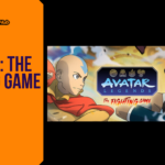 Editorial promotional graphic for Avatar Legends: The Fighting Game showcasing side-by-side animated close-ups of Aang with his blue arrow tattoo and Korra looking determinedly forward, split by the official dark blue and gold "Avatar Legends: The Fighting Game" logo banner and framed with orange Game Launch Hub branding.