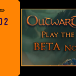 Editorial promotional graphic for Outward 2 Early Access featuring a dark, misty background behind the stylized orange and brown Outward 2 title logo above text reading "PLAY THE BETA NOW", framed next to the orange Game Launch Hub branding sidebar.
