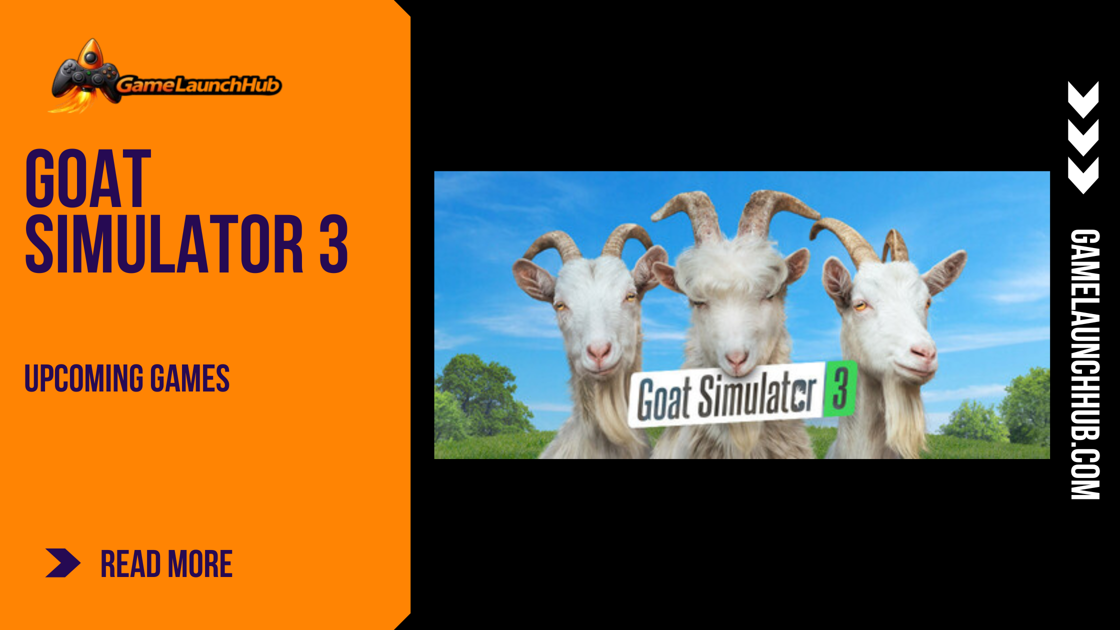 Promotional banner for Goat Simulator 3 by GameLaunchHub, featuring three identical white goats looking directly forward in a green grassy field under a bright blue sky.