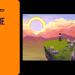 Promotional banner for Nocturne Rhythm by GameLaunchHub, featuring a pixel-art character looking out from a grassy cliff over a vast mountain valley under a bright, glowing ring sun and pink clouds.