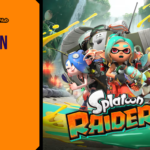 Promotional banner for Splatoon Raiders by GameLaunchHub, featuring the iconic Deep Cut trio—Shiver, Frye, and Big Man—standing alongside a weapon-wielding protagonist character against a lush tropical island background.