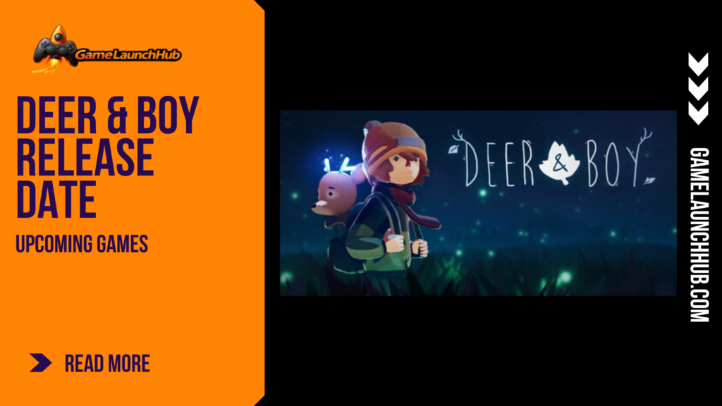 Promotional banner for Deer and Boy by GameLaunchHub, showcasing a young boy in a beanie standing next to a small deer companion under a night sky filled with glowing fireflies.