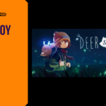Promotional banner for Deer and Boy by GameLaunchHub, showcasing a young boy in a beanie standing next to a small deer companion under a night sky filled with glowing fireflies.