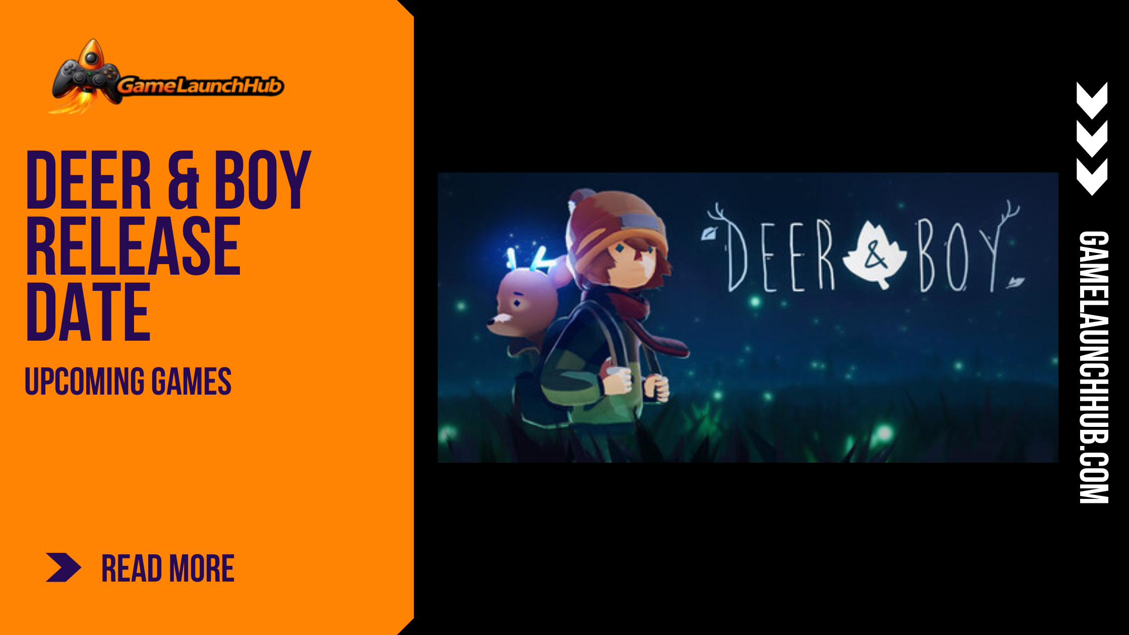 Promotional banner for Deer and Boy by GameLaunchHub, showcasing a young boy in a beanie standing next to a small deer companion under a night sky filled with glowing fireflies.