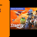 Promotional banner for Star Fox Switch 2 by GameLaunchHub, featuring a "Demo Available" tag over the Star Fox team—Slippy Toad, Falco Lombardi, Fox McCloud, and Peppy Hare—standing together against an orange space background with flying Arwing starfighters.