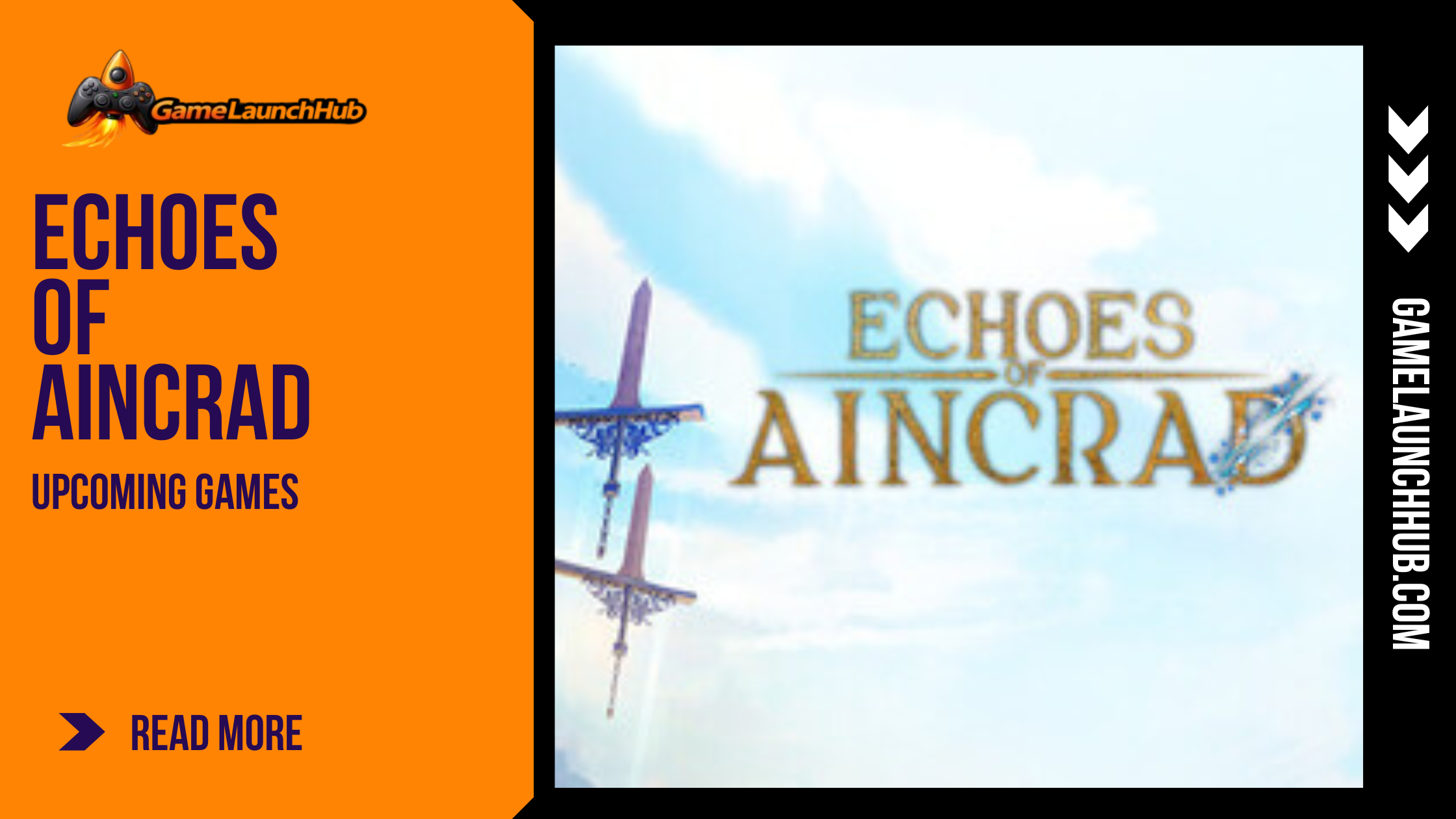 Promotional banner for Echoes of Aincrad by GameLaunchHub, showing the game logo over a bright, cloudy blue sky background featuring two large, vertical towers resembling fantasy swords.