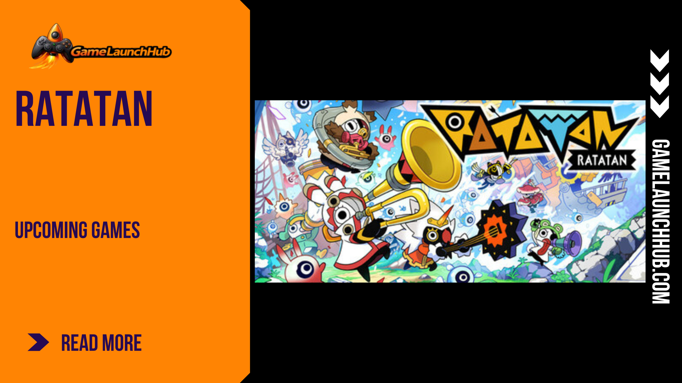 Promotional banner for Ratatan by GameLaunchHub, featuring the vibrant and chaotic game logo alongside various stylized, music-playing cartoon creatures on a bright battlefield.