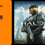 Promotional banner for Halo: Campaign Evolved by GameLaunchHub, featuring a close-up of Master Chief in his green Mjolnir armor holding an assault rifle against a futuristic sky backdrop with the installation ring visible.