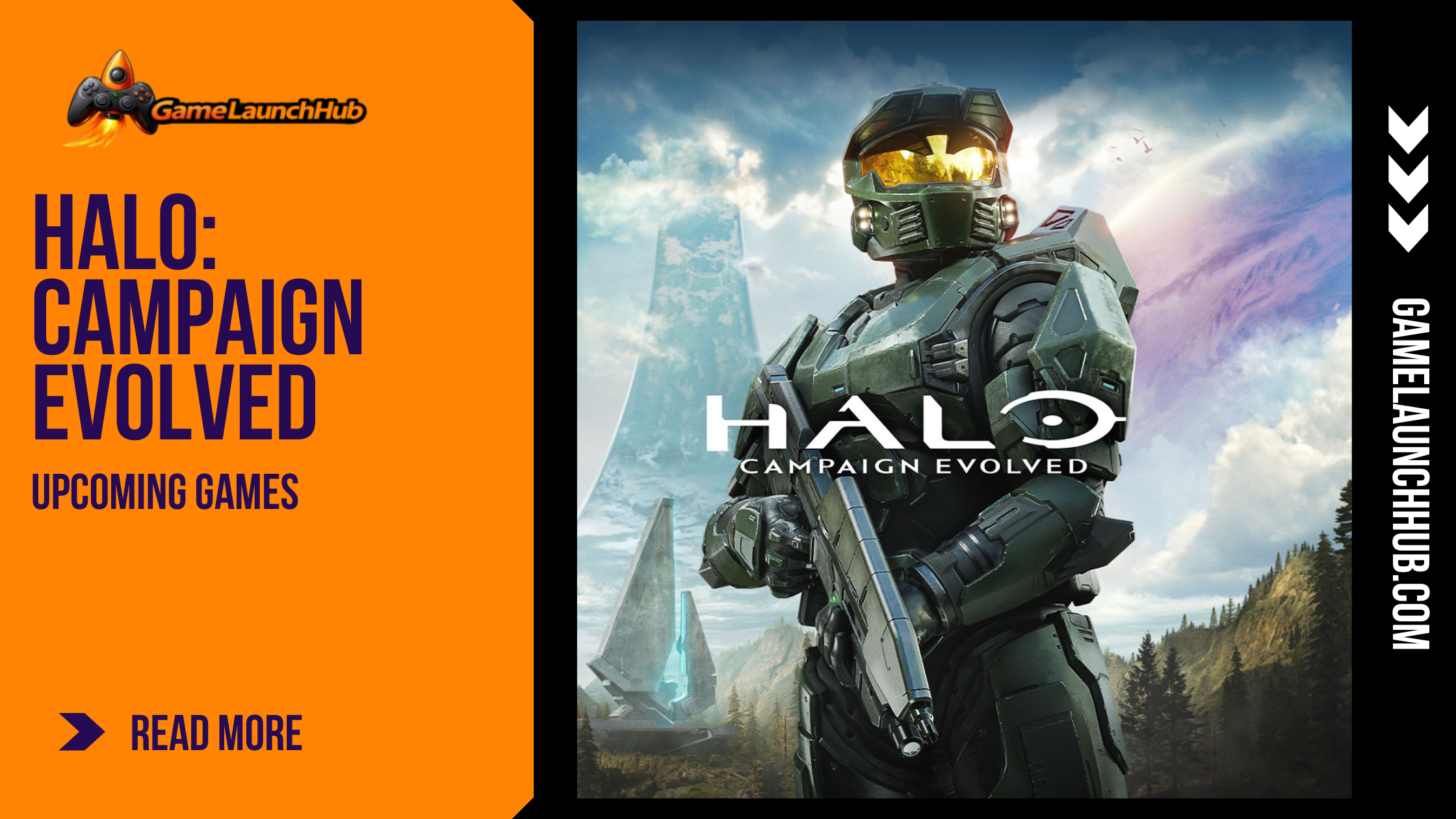 Promotional banner for Halo: Campaign Evolved by GameLaunchHub, featuring a close-up of Master Chief in his green Mjolnir armor holding an assault rifle against a futuristic sky backdrop with the installation ring visible.