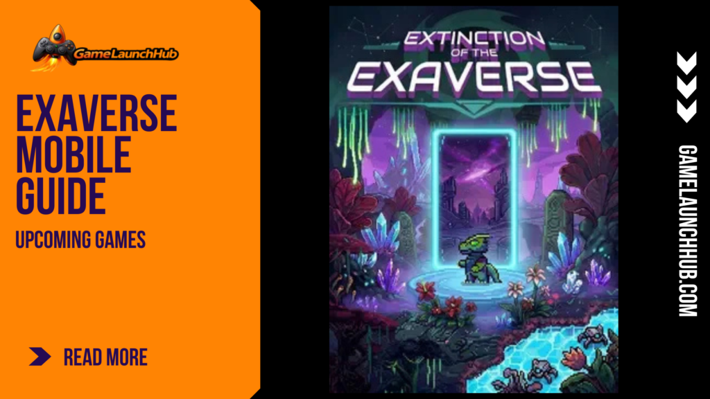 Promotional banner for Exaverse Mobile Guide by GameLaunchHub, showing a small pixel-art dinosaur standing in front of a glowing neon blue portal within a sci-fi cavern setting.