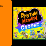 Editorial promotional graphic for Rhythm Heaven Groove showcasing a vibrant, yellow-patterned collage of quirky cartoon characters—including a giant stone golem, an orange dinosaur, and various marching people—surrounding the main black cloud logo with a blue and purple arrow reading "GROOVE," framed beside orange Game Launch Hub branding.