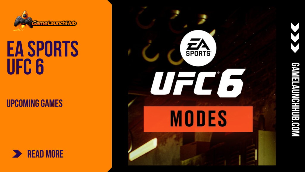 Editorial feature graphic for EA Sports UFC 6 displaying the EA Sports logo above the stylized white text "UFC 6 MODES" highlighted by a bold orange banner, set against a dark background featuring training gym equipment hooks, presented next to the Game Launch Hub branding.