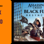 Editorial promotional graphic for Assassin's Creed Black Flag Resynced featuring a close-up of Edward Kenway in his classic white-hooded assassin robes on the deck of a pirate ship, raising a cutlass in his right hand and holding a flintlock pistol in his left, framed beside orange Game Launch Hub branding.