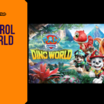 Promotional banner for PAW Patrol Dino World Guide by GameLaunchHub, featuring the PAW Patrol pups alongside friendly dinosaurs in a lush, prehistoric jungle setting.