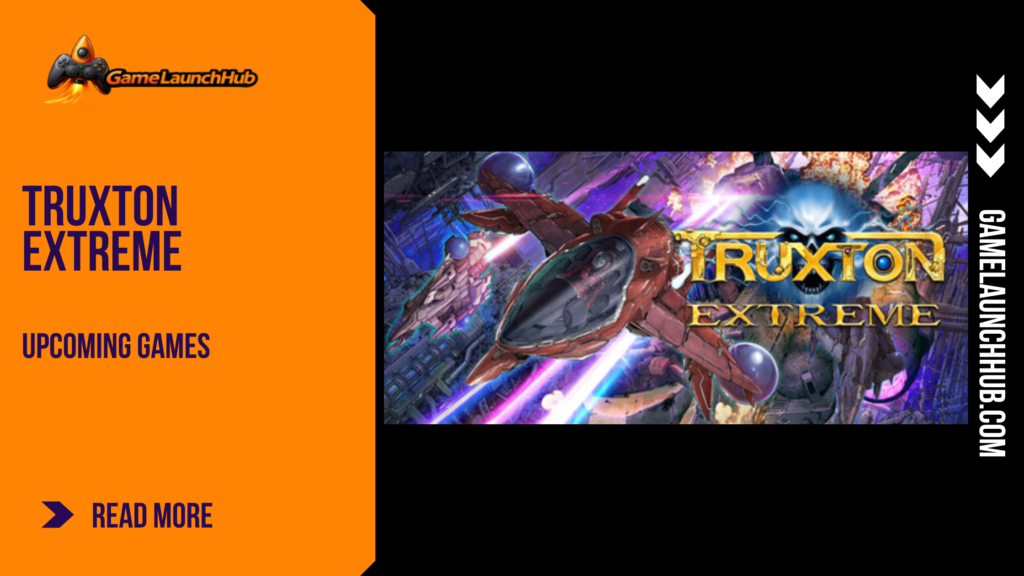 Promotional banner for Truxton Extreme by GameLaunchHub, featuring a red futuristic fighter jet flying through space past a glowing blue skull emblem next to the game's title logo.