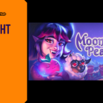 Editorial promotional graphic for Moonlight Peaks showcasing a close-up of a smiling, dark-haired vampire girl with pink hair streaks and pointed ears holding a glowing pink fruit, standing right next to a cute black sheep with glowing red eyes, framed beside orange Game Launch Hub branding.