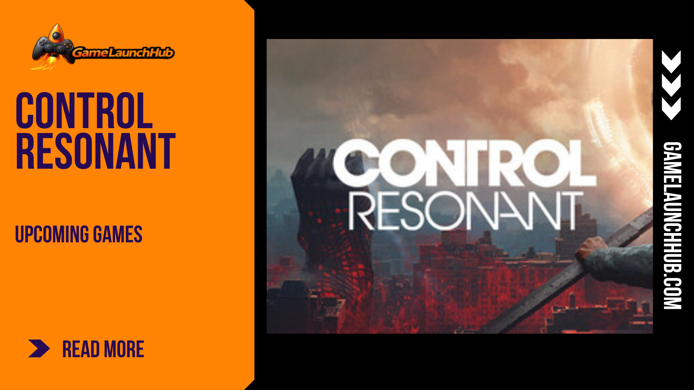 Promotional banner for Control Resonant by GameLaunchHub featuring the game title text over a supernatural, red-tinted Manhattan skyline with a twisted architectural structure under a cloudy sky.