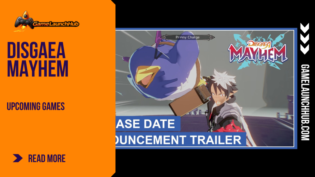 Promotional banner for Disgaea Mayhem by GameLaunchHub, featuring the game's protagonist N.A. alongside a flying blue Prinny during a "Prinny Charge" attack.
