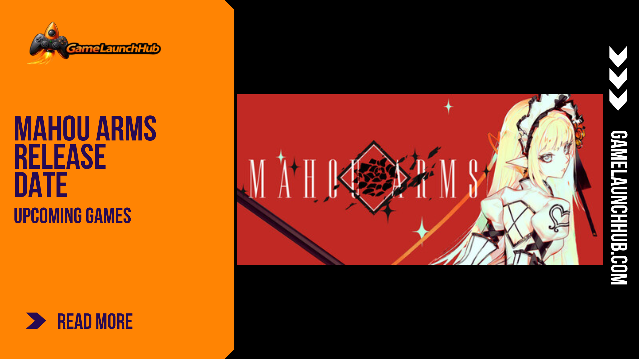 Promotional banner for the magical girl hack-and-slash game Mahou Arms by GameLaunchHub, featuring a blonde character in an elaborate outfit against a striking red background, with the game's title prominently displayed.