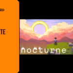 Promotional banner for Nocturne by GameLaunchHub, featuring a solitary character standing on a grassy cliff edge, overlooking a vast, dreamlike landscape with colorful, pixelated clouds and a glowing golden ring in the sky.