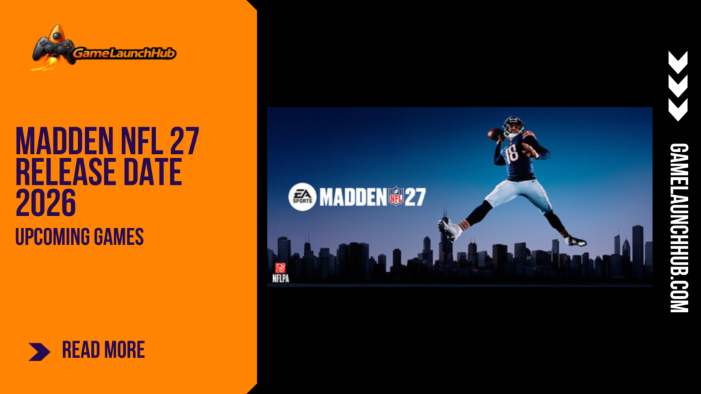 Promotional banner for Madden NFL 27 by GameLaunchHub, featuring Chicago Bears quarterback Caleb Williams performing his signature jump pass against a Chicago skyline backdrop.
