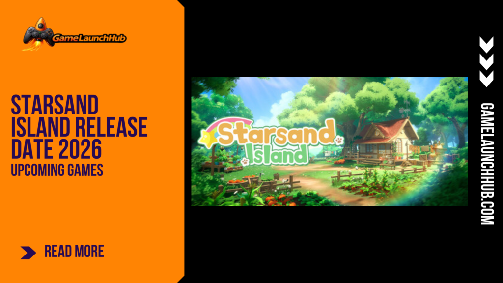Promotional banner for the cozy tropical island farming sim Starsand Island by GameLaunchHub, featuring the game's logo and a sunlit farm homestead with lush greenery.