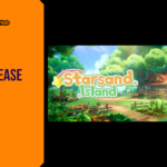 Promotional banner for the cozy tropical island farming sim Starsand Island by GameLaunchHub, featuring the game's logo and a sunlit farm homestead with lush greenery.