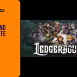 Promotional banner for Ledgerbound by GameLaunchHub, featuring a vibrant, hand-drawn ensemble of fantasy characters huddled around an insurance adjuster in a desk-filled dungeon setting, with the game title displayed prominently below.