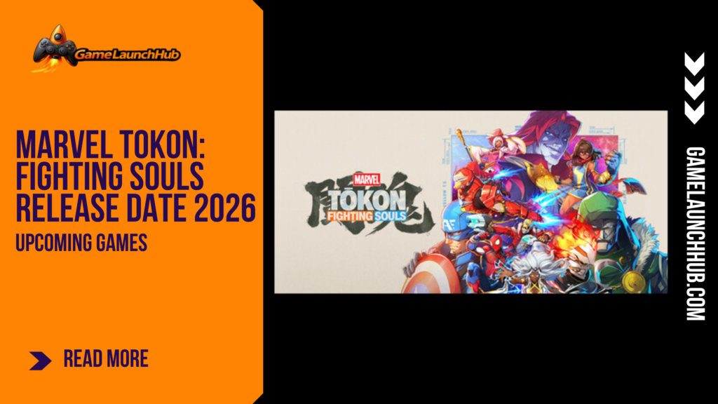 Promotional banner for the fighting game Marvel Tokon: Fighting Souls by GameLaunchHub, featuring the game's logo alongside a vibrant collage of Marvel characters like Captain America, Spider-Man, Wolverine, and Storm in an anime-inspired art style.