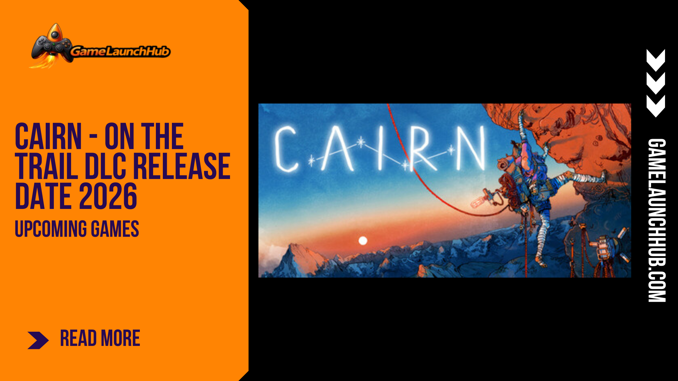 Promotional banner for the free expansion Cairn – On the Trail: Deep Water by GameLaunchHub, featuring artwork of a climber scaling a mountain peak at sunset.