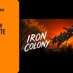 Promotional banner for Iron Colony by GameLaunchHub, featuring a dark, metallic, centipede-like creature menacingly standing in a desolate landscape under a fiery red sky, with the game's title displayed prominently.
