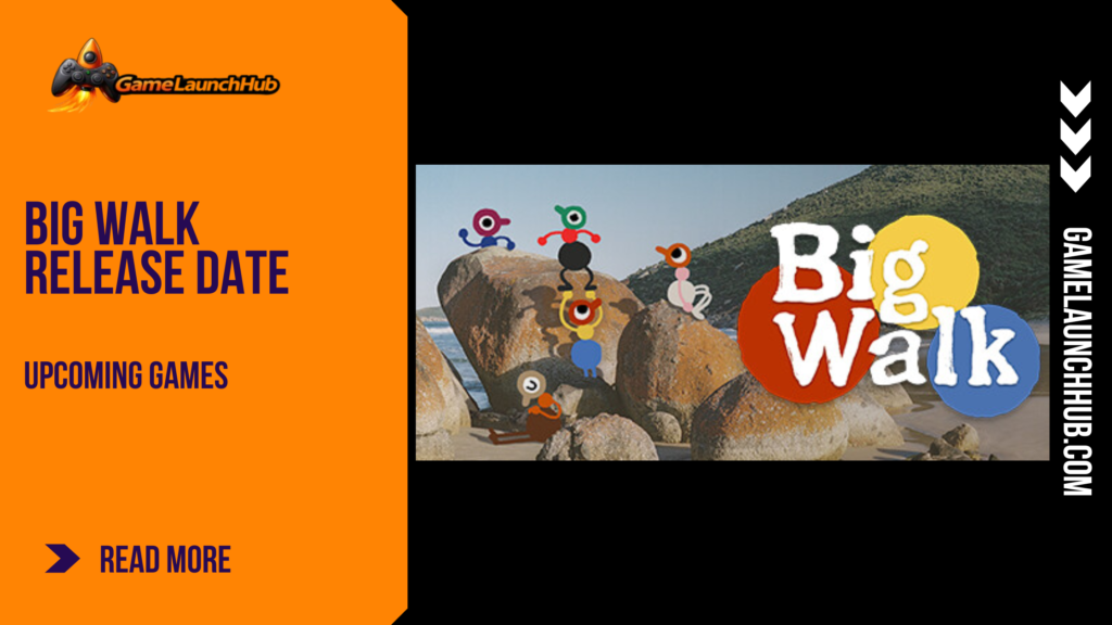 Promotional banner for the cooperative multiplayer game Big Walk by GameLaunchHub, featuring the game's stylized logo and colorful, minimalist character designs atop a large rock formation in a coastal environment.