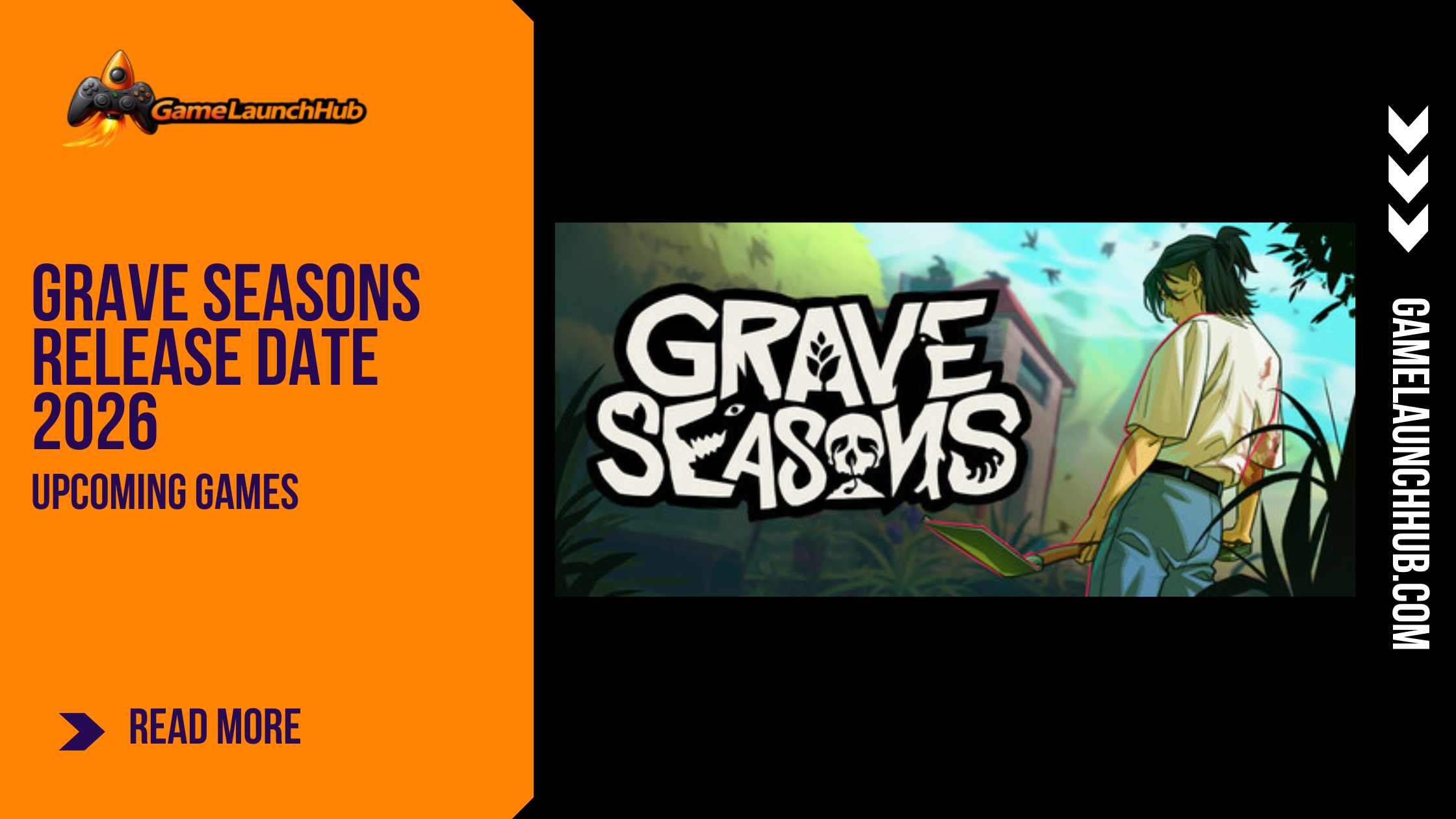 Promotional banner for the horror farming simulation game Grave Seasons by GameLaunchHub, featuring the game's logo and an illustration of a character standing in a field with a shovel.