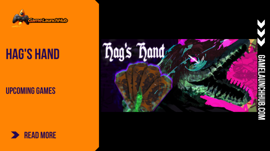 Promotional banner for Hag's Hand by GameLaunchHub, featuring a dark, neon-tinged illustration of a clawed, monstrous hand holding a fan of ancient, worn playing cards against a deep purple and green backdrop.