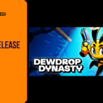 Promotional banner for Dewdrop Dynasty by GameLaunchHub, featuring a vibrant, yellow-and-black bee warrior protagonist holding a pistol, set against a stylized blue background, with the game's title displayed prominently.