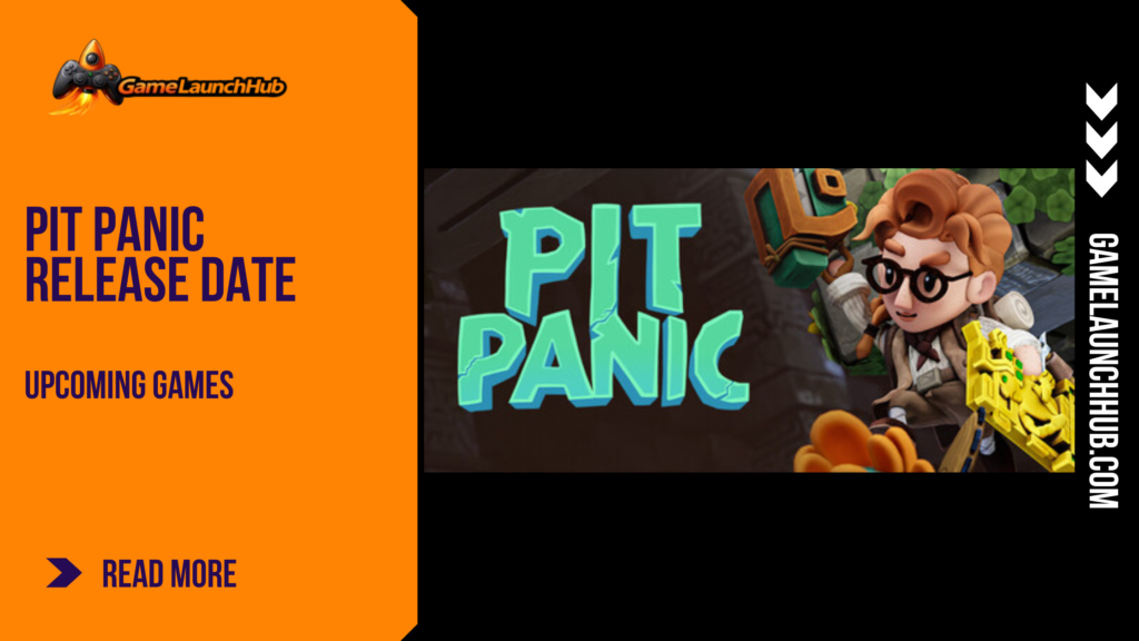 Promotional banner for the roguelike platformer Pit Panic by GameLaunchHub, featuring the game's stylized logo and a cartoon archaeologist protagonist equipped with exploration gear, set against an Aztec-themed environment.