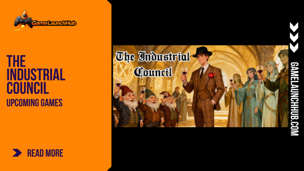 Promotional banner for The Industrial Council by GameLaunchHub, depicting a human journalist with a small red imp in his suit pocket raising a wine glass in a toast alongside gnomes and elven women in a grand stone hall.