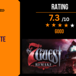 Game Launch Hub review card template showing a 7.3 out of 10 "Good" rating for The 7th Guest Remake next to a promotional image of a haunted mansion under a stormy night sky, though the left-hand orange sidebar contains mismatched text reading "Fields of Mistria 1.0 Release Date Is It Worth It?".