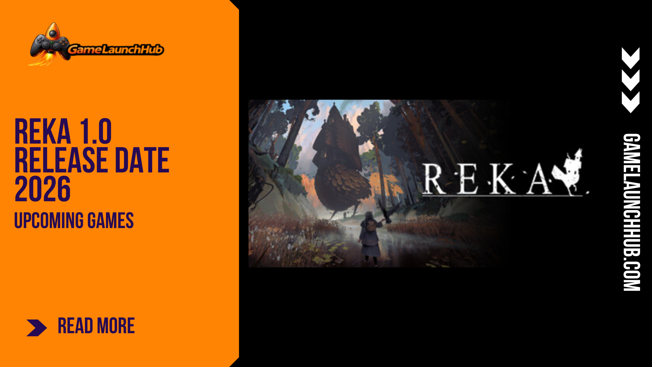 Promotional banner for the 1.0 release of the game REKA by GameLaunchHub, featuring a character walking toward a giant walking house in a misty forest.