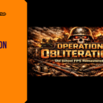 Promotional banner for Operation Obliteration 2 by GameLaunchHub, featuring a gritty, war-torn aesthetic with a central skull wearing a steel helmet, surrounded by vintage firearms and explosions, with the game title in bold, metallic lettering.